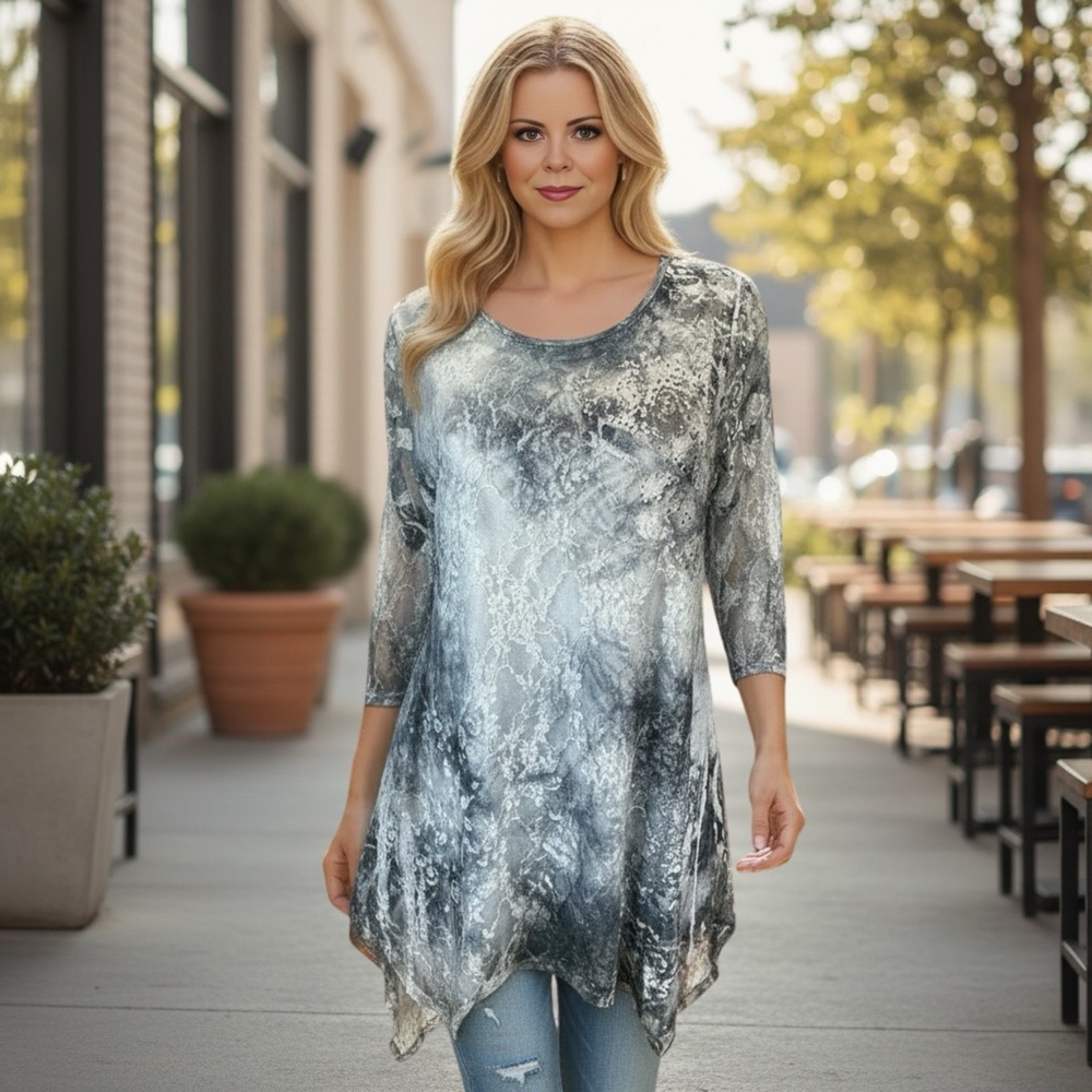 Cal Style Ladies Lace Overlay Sharkbite Hem Tunic Top in Grayscale Palette Sz L
